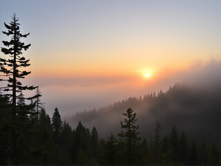 A serene sunrise over misty mountains with lush forests in early morning light