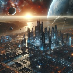 Wall Mural - city and futuristic infrastructure in space for science research, astronomy and galaxy exploration. Ai generated, planet and future buildings architecture for aerospace colony or travel landing.