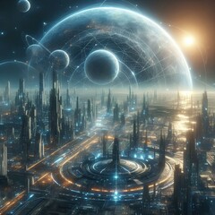 Wall Mural - city and futuristic infrastructure in space for science research, astronomy and galaxy exploration. Ai generated, planet and future buildings architecture for aerospace colony or travel landing.