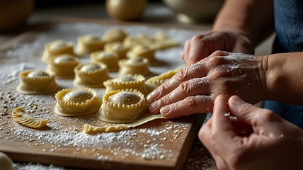 Close-up of hands making ravioli pasta on a floured surface.