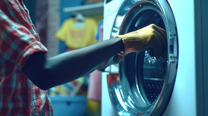 A person in a checkered shirt operates a washing machine, wearing yellow gloves, in a colorful laundry room filled with clothing.