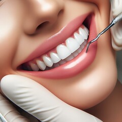 Closeup of smile with white teeth. Dental care, teeth whitening procedure at dentist.