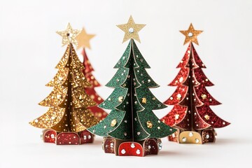 3 Christmas trees: a red, glittery, and gold one with a star on top; green Christmas trees with colorful beads and stars