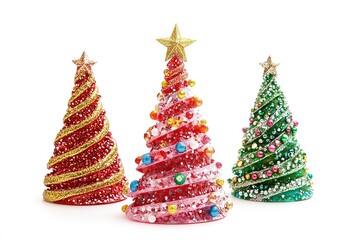 3 Christmas trees: a red, glittery, and gold one with a star on top; green Christmas trees with colorful beads and stars