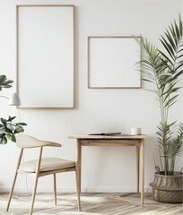 A minimalist home office with a wooden desk. chair. and two blank frames A potted palm tree stands in the corner