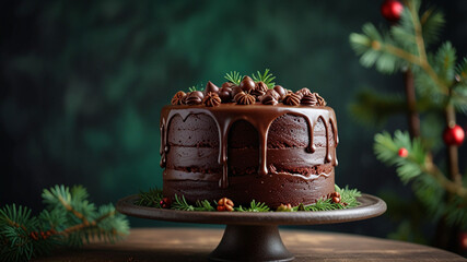 Wall Mural - Traditional Christmas Chocolate cake on the cake stand, winter holidays treat.