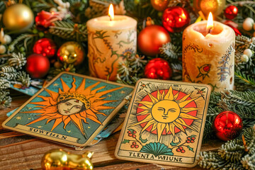 Celebrating yule and winter solstice with sun tarot cards and candles