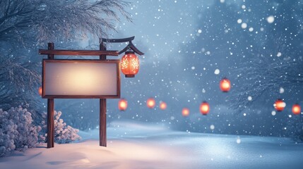 Wall Mural - Enchanting winter scene, purple sign illuminated by a lantern in the snowy night