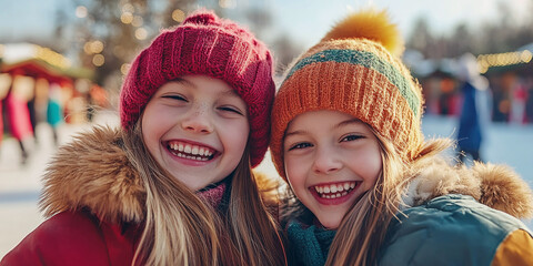 Two cheerful girls wearing colorful winter hats and jackets, laughing outdoors, capturing the joy of friendship and winter festivities.