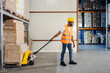 © dusanpetkovic1 - Diverse blue collar storage worker pulling pallet jack full of shipment and boxes at warehouse.