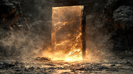 Wall Mural - glowing monolith emerges from rocky landscape, surrounded by smoke and light. scene evokes sense of mystery and wonder, inviting exploration and imagination