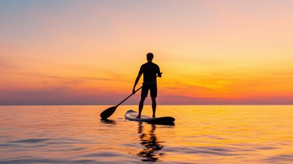 Silhouette of a person paddleboarding at sunset over calm waters, creating a peaceful outdoor scene.