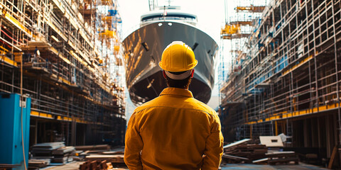 Man in a hard hat observes a large yacht under construction, representing industrial craftsmanship, engineering, and precision in shipbuilding.