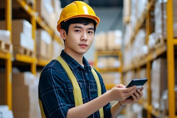 Wall Mural - A young worker in a safety helmet uses a smartphone in a warehouse filled with boxes, showcasing modern logistics and inventory management.