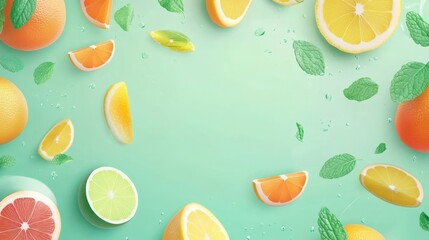 citrus and mint frame on pastel green background refreshing summer fruit layout with lemon and orang