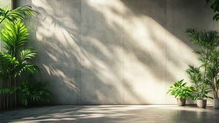 Wall Mural - Zen garden with modern home interior Concrete wall and sunlight with green plants and luxury minimalist decor setup