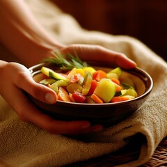 A close-up of hands holding a bowl filled with vegetables, resting on a table with a towel.