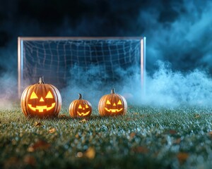 Spooky Halloween Pumpkins on Soccer Field at Night