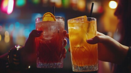 This close-up shows two individuals enjoying cocktails at a pub or dance club.
