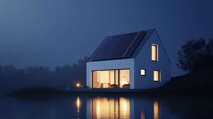 Solar-powered modern home. A stunning white house with solar panels at night.
