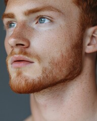 Confident red-haired male model in a close-up portrait, showcasing striking ginger hair and a stylish beard. His fashionable look and photogenic expression emphasize his natural beauty and charisma.