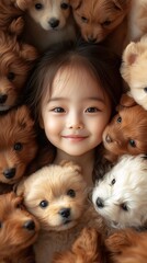 Delightful scene of a girl surrounded by puppies, capturing the joy of friendship. The adorable dogs form a cozy embrace around her, showcasing the love and harmony shared between kids and their furry