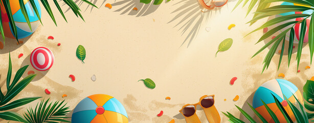 Vibrant beach summer vibes with colorful beach balls and tropical leaves at sunset