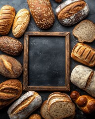 table with various types of breads, including baguettes and loaves of white and dark bread, whole grain rolls, sweet pastries. delicious assortment