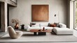 © Dario Berardi - Un elegante soggiorno minimalista, inondato di luce naturale, con un design raffinato e neutro, crea un ambiente accogliente e sofisticato.