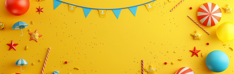 Colorful summer celebration with playful decor on a bright yellow backdrop