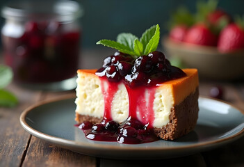 Delicious cheesecake topped with berry sauce and fresh mint leaves, served on rustic plate. vibrant colors and textures create inviting dessert experience