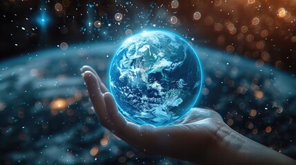 Leinwandbilder - A hand holds up a blue Earth, with a background of cosmic information, a sense of information.