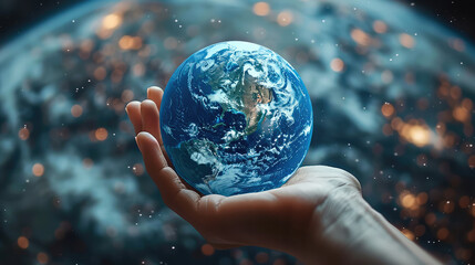 A hand holds up a blue Earth, with a background of cosmic information, a sense of information.