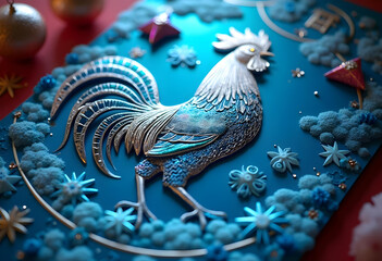 vibrant and artistic representation of rooster, featuring intricate metallic details and rich blue background adorned with floral elements. This captivating design evokes sense of celebration and