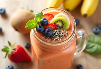 Fresh and vibrant smoothie topped with strawberries, blueberries, kiwi, and mint leaves, surrounded by bananas and other fruits, creating healthy and refreshing drink