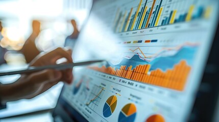 Poster - A person using a whiteboard to show the plan to follow, economic graphs can be seen, meeting room, people looking at the presenter, they are planning financially, managerial environment.