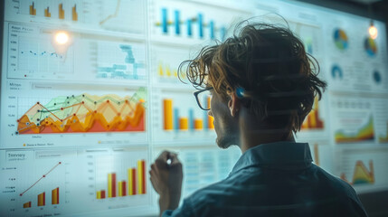 Poster - A person using a whiteboard to show the plan to follow, economic graphs can be seen, meeting room, people looking at the presenter, they are planning financially, managerial environment.