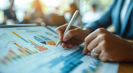Poster - A person using a whiteboard to show the plan to follow, economic graphs can be seen, meeting room, people looking at the presenter, they are planning financially, managerial environment.