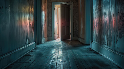 Wall Mural - a long, dim hallway in an old, creaky house, with flickering lights and faded wallpaper peeling from