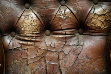 Cracked leather surface of an old armchair, showing detailed textures and signs of wear, creating a vintage and nostalgic feel, ideal for antique and interior design themes