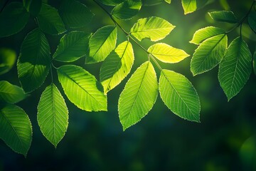 Canvas Print - Bright green leaves illuminated by sunlight in a tranquil forest