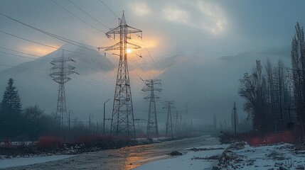 Poster - High voltage electrical towers in line, in any place and any weather, with beautiful visual.