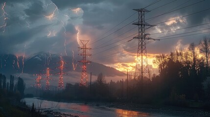 Poster - High voltage electrical towers in line, in any place and any weather, with beautiful visual.