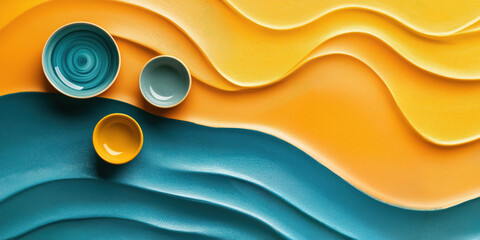 Vibrant abstract composition with colorful ceramic bowls on wavy yellow and blue background