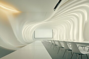 Modern conference room with wavy walls and minimalist design