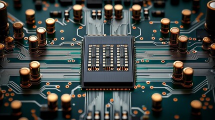 A close-up view of a circuit board featuring a central microchip surrounded by gold connectors and intricate circuitry.