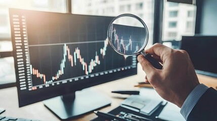 Close-up of a person using a magnifying glass to examine stock market charts on a computer screen, symbolizing financial analysis, trading, and investment strategies.