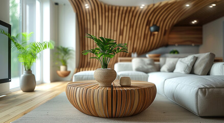 Wooden decorations in a light modern interior of a living room.