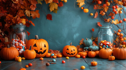 Halloween banner with copy space, Jack-o'-lanterns, pumpkins, autumn theme, candies, trick-or-treat