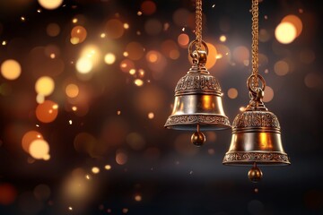 Two ornate bells hang against a blurred, shimmering background of golden lights, creating a festive and elegant atmosphere.